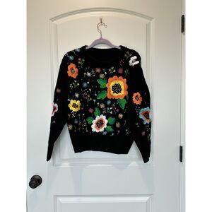 Weaving Flowers Floral Embroidered Black Sweater